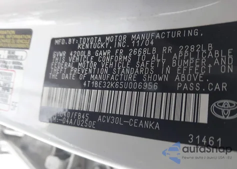 2005 Toyota Camry Le/Xle/Se z USA, uszkodzony, nr VIN 4T1BE32K65U006956